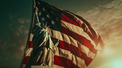 Representation of the american flag with statue of liberty for us national loyalty day celebration.