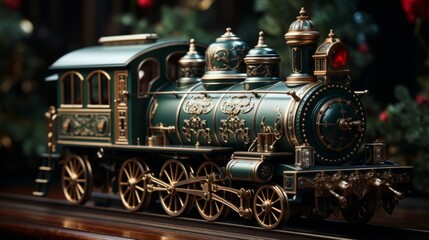 Fototapeta premium A vintage green and gold toy train sits on a wooden table next to a decorated Christmas tree.