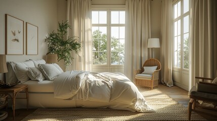 Cozy Minimalist Bedroom with Natural Light and Indoor Plants with blank space for advertisement