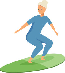 Elderly woman wearing a wetsuit is surfing on a surfboard