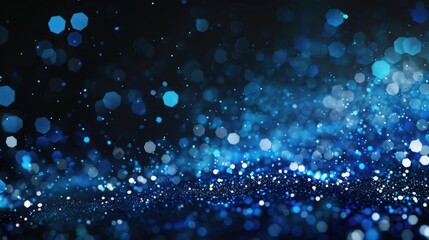 A gradient of deep midnight blue blends into black, speckled with twinkling light-colored dots that evoke a starry night. Overlaid is a modern abstract artwork, characterized by bold geometric shapes 