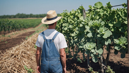 A young farmer in denim overalls and a straw hat stands with his back to the camera, inspecting rows of plants.
