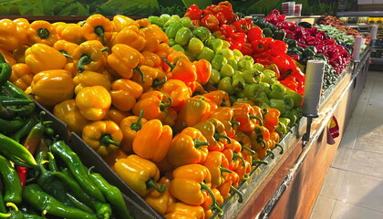 Colorful Bell Peppers Display Grocery Store