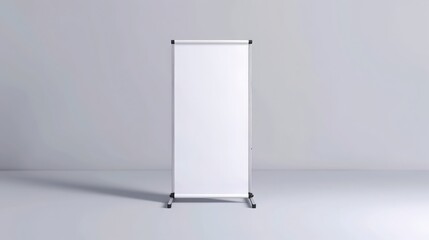 A sleek, white portable booth stand or roll-up board stands ready for advertising and promotion. This realistic modern illustration set features a blank vertical pull-up information banner mockup