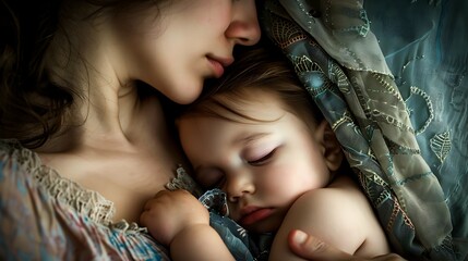 mother lie near the baby and tenderly touching him; softly parent control; sleeping cute baby; maternity concept, world breastfeeding week