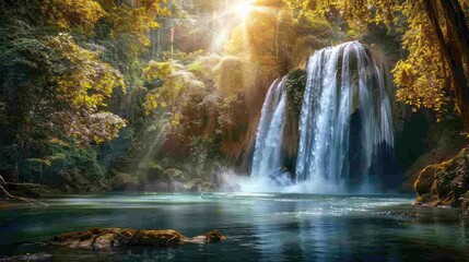 A waterfall in a serene forest glade, with sunlight filtering through the trees and illuminating the water
