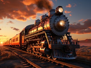 Fototapeta premium A cargo train hauling containers and merchandise barrels travels down a railroad track through a rural landscape at night.