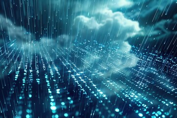 Fototapeta premium Digital rain of binary code streaming through a futuristic cloud computing interface, symbolizing real-time data processing and cloud-based information flow 
