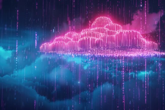 Digital rain of binary code streaming through a futuristic cloud computing interface, symbolizing real-time data processing and cloud-based information flow 