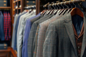 Obraz premium Display of sophisticated and luxurious men's suits arranged impeccably in a high-end clothing boutique, showcasing craftsmanship and style in a refined setting