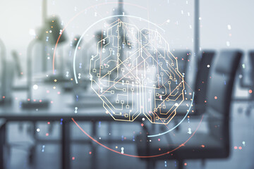 Double exposure of creative human brain microcircuit hologram on a modern furnished office interior...
