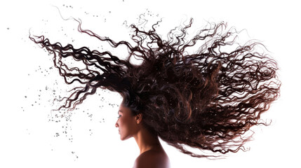 Long curly Wig hair style fly fall explosion on transparent  background