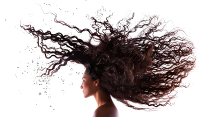 Long curly Wig hair style fly fall explosion on transparent  background