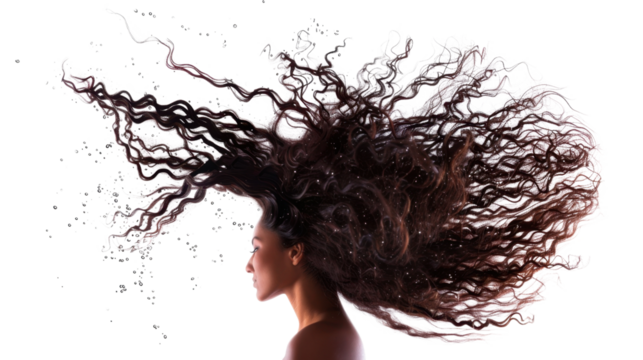 Long curly Wig hair style fly fall explosion on transparent  background