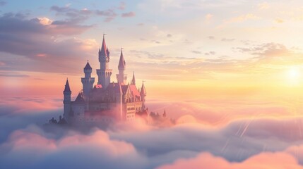 A majestic fairytale castle appears to float above a sea of clouds at sunrise, creating a magical and dreamlike scene.