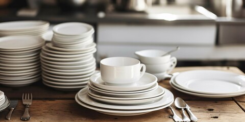 Stack of clean white plates, bowls, and cups on a rustic wooden table in a kitchen setting. Concept of home, dining, and minimalist design
