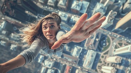 A woman appears to be falling from a great height, reaching out with a terrified expression, capturing a moment of intense fear and desperation.