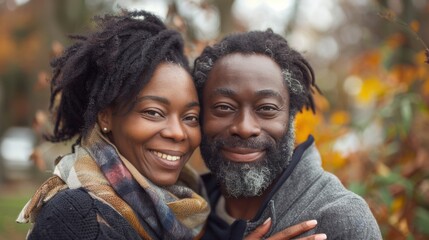 A smiling mature couple embraces outdoors, showcasing warmth and affection during a pleasant autumn day.