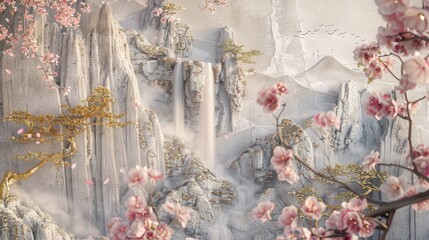 A concrete wall adorned with intricate volumetric stucco molding, embellished with delicate golden elements. Overlooking this elegant display is a serene Japanese landscape