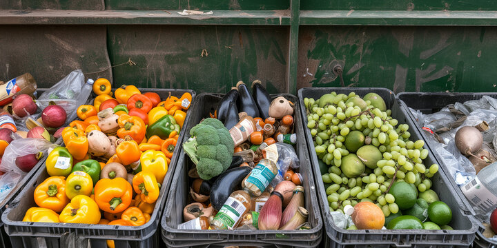 Food waste and loss. Bins full of discarded fruits and vegetables. Concept of sustainability, food security, and environmental impact.