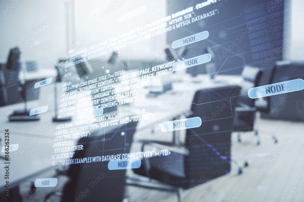 Aufkleber abstract virtual coding concept on a modern furnished office background. multiexposure