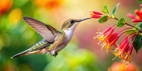 Fototapeta premium Beautiful hummingbird sipping nectar from a honeysuckle flower, hummingbird, nectar, honeysuckle, flower
