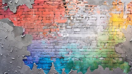 The brown brick wall crumbled to reveal an inner wall painted in rainbow colors.