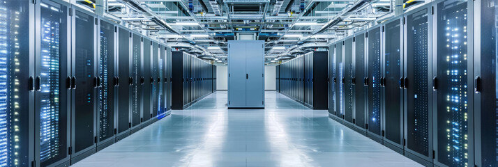 A data center with rows of servers being cooled by sophisticated climate control systems