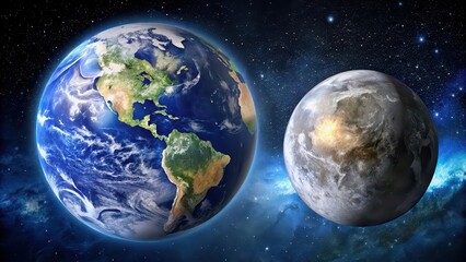 Fototapeta premium Earth and moon in space, earth, moon, space, planet, celestial, satellite, orbit, universe, galaxy, astronomy, night