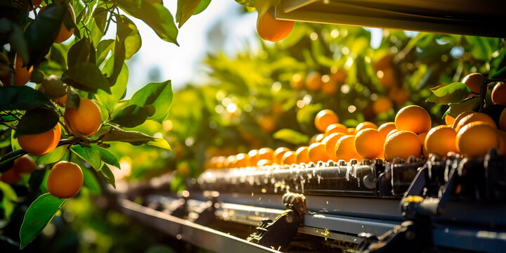 harvester machine's conveyor belts efficiently collecting ripe, sun-kissed oranges from citrus tree branches . Generative AI