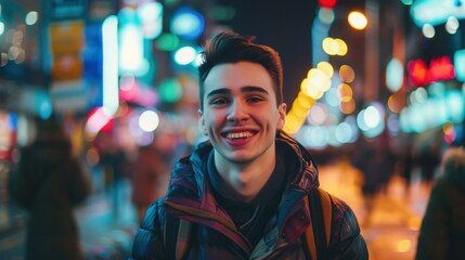 A cheerful young man in casual urban attire exudes a relaxed and welcoming vibe against the lively backdrop of city nightlife