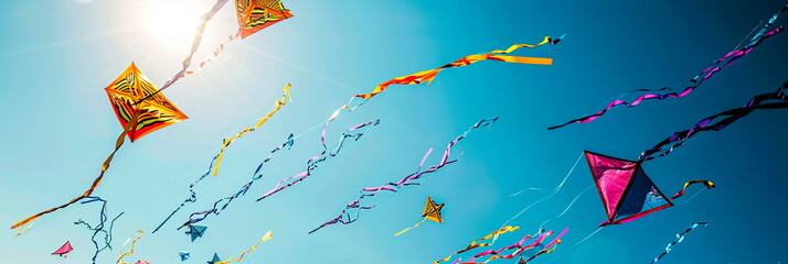 Festival of kites flying in the clear blue sky. Generative AI