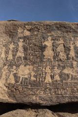 Ancient egyptian hieroglyphs carved on Famine Stela near Aswan, Egypt 