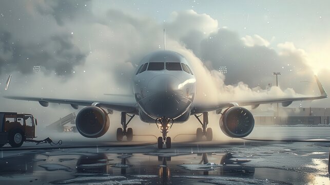 A plane receives de-icing treatment on a cold day with anti-icing fluid spray creating a mist cloud around the aircraft 