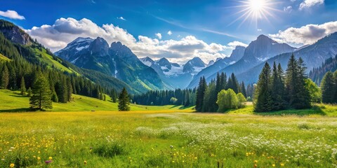 Fototapeta premium A picturesque alpine meadow on a bright summer day, Alpine, meadow, grass, flowers, vibrant, summer, nature, landscape