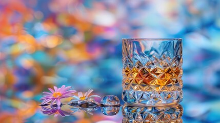 Close-up of an elegant whiskey glass filled with amber liquid, accompanied by flowers and sparkling, colorful bokeh background.