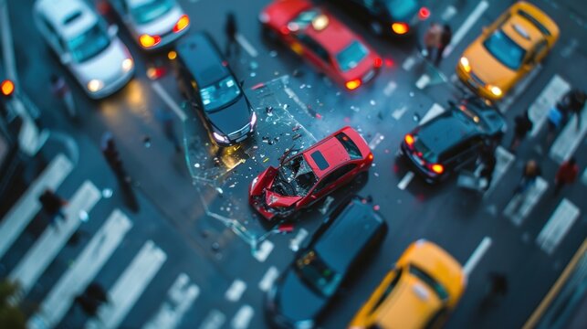 Aerial view of a multi-car collision at a busy city intersection with visible damage and scattered debris.