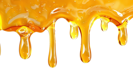 Liquid honey dripping from above on transparent background