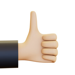 In the illustration, a cartoon hand is displaying a positive gesture by giving a thumbs up sign. 3D render illustration in cartoon style. Transparent background, isolation.