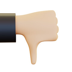 Against a white background, a hand is seen giving a thumbs down sign, symbolizing disapproval or rejection. 3D render illustration in cartoon style. Transparent background, isolation.