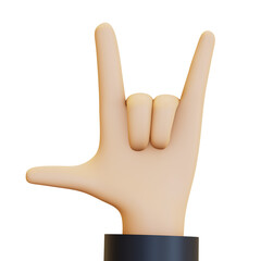 A hand is making a rock and roll sign with its fingers, showing a gesture associated with music and energy. 3D render illustration in cartoon style. Transparent background, isolation.