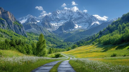 Majestic Route Napoleon in French Alps with Snow-Capped Peaks and Green Meadows under Summer Sky, Minimalist Landscape