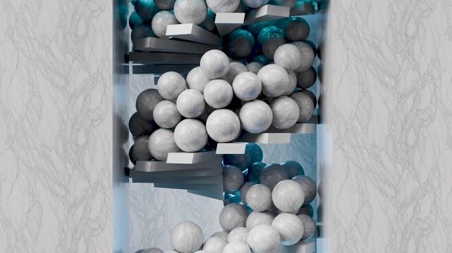 Oddly Satisfying white marble balls race run track, marbled spheres racing down stairs, rolling and bouncing , abstract background, jumping down the marble staircase, Motion Graphics design, 3d render