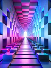 neon, illuminated, elongating, high, long, consisting of convex squares with voids, tunnel