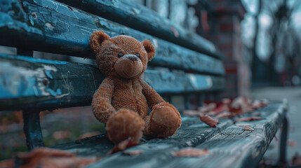 Sad toy sitting on a bench, lost and abandoned. Social problems loneliness and depression atmosphere