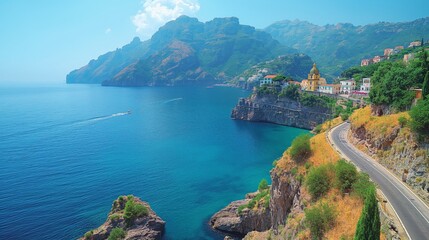 Obraz premium Scenic Drive on Amalfi Coast: Cliffside Villages and Azure Sea Views in Summer Minimalist Landscape