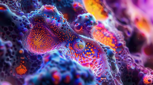 High-resolution macro photography view of cells from a scanning electron microscope with intricate and colorful abstract shapes and patterns