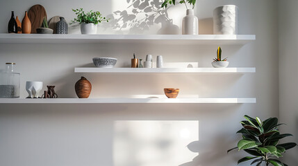 A minimalist design wall featuring sleek shelves holding curated decor.
