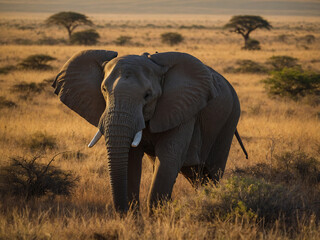 Obraz premium A lone African elephant walks through tall grass in savanna setting at sunset