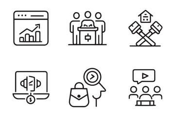 Brand storytelling and inbound marketing concept related , editable stroke outline icon set on white background.